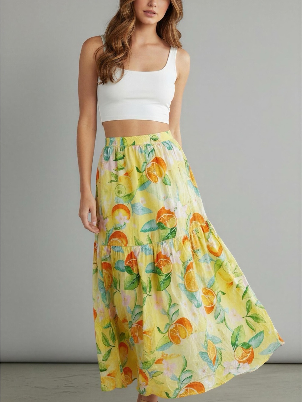 Citrus Print Yellow Maxi Skirt